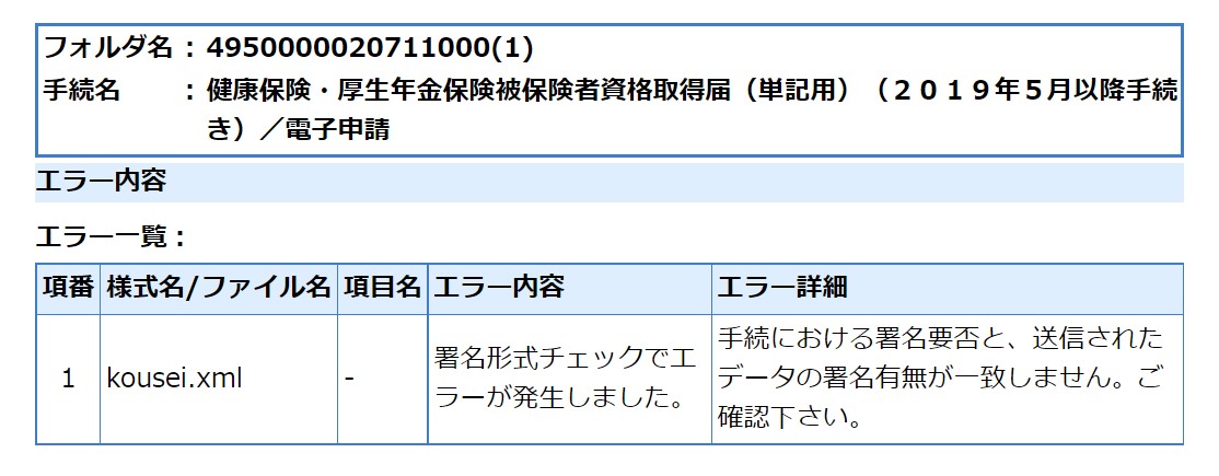 電子申請の送信後、「手続における署名要否と、送信されたデータの署名